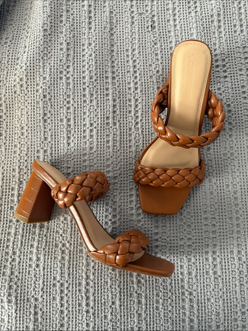 Braided Double-Strap Block Heel Slide Sandals - Tan